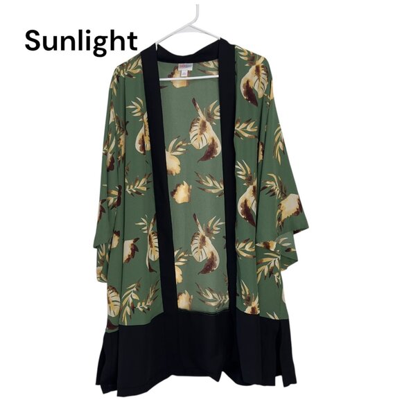 LuLaRoe Womens Floral Print Kimono Cardigan Green/Black Trim Size L Open Front - Picture 1 of 11